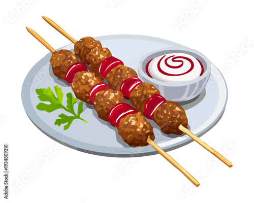 Grilled meat skewers or shish kebabs with vegetables and creamy dipping sauce for a mediterranean meal - Vector Illustration