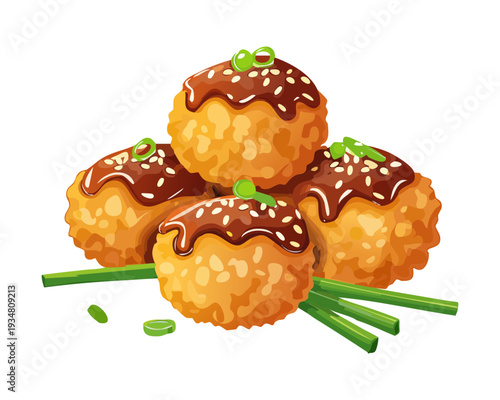 Stack of takoyaki octopus balls with savory topping and chives served for an oriental snack dish - Vector Illustration