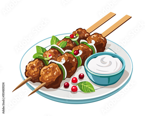 Two grilled shish kebabs served with creamy dipping sauce on a white plate for healthy dinner - Vector Illustration