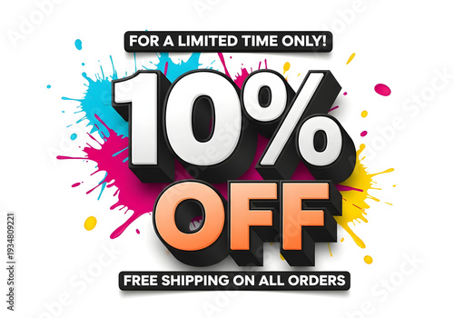 Special Offer: A vibrant splash of color announces a limited-time 10% discount, enticing customers with the promise of savings and free shipping on all orders.