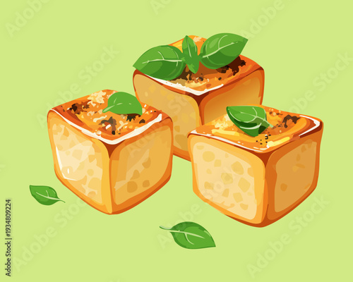 Trio of fried tofu squares with fresh basil leaves served on a light green background surface - Vector Illustration