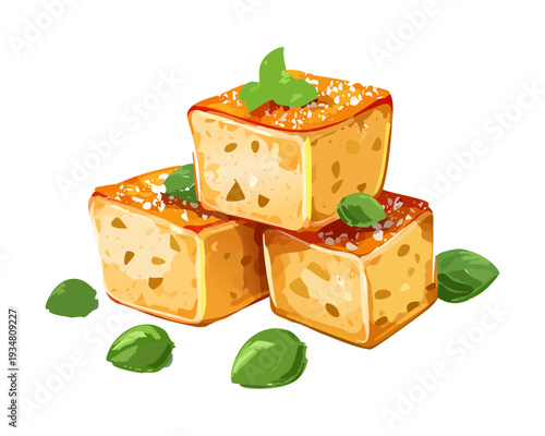 Stack of crispy golden fried tofu blocks with green herb garnish for a simple vegetarian appetizer - Vector Illustration