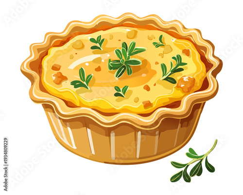 Savory baked tart with egg and cheese filling served on a light green background for cafe - Vector Illustration