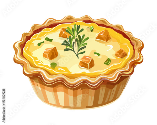 Golden baked quiche or tart with savory egg filling and herb garnish for a delicious breakfast - Vector Illustration