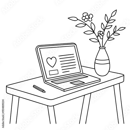 Minimalist laptop with heart icon on wooden desk with pencil and flower vase for home office concept