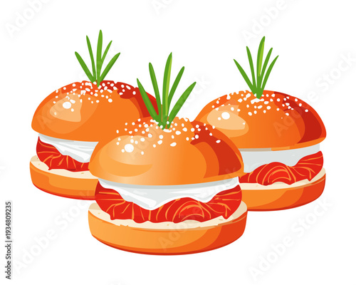 Mini slider burgers with red topping and creamy filling served as a group for party appetizers - Vector Illustration