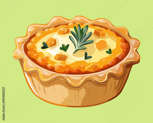 Freshly baked quiche with herbs and golden crust served as a hearty savory snack or meal - Vector Illustration