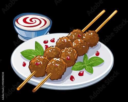 Savory meat kebabs on skewers with dipping sauce served on a dark background for restaurant menu - Vector Illustration