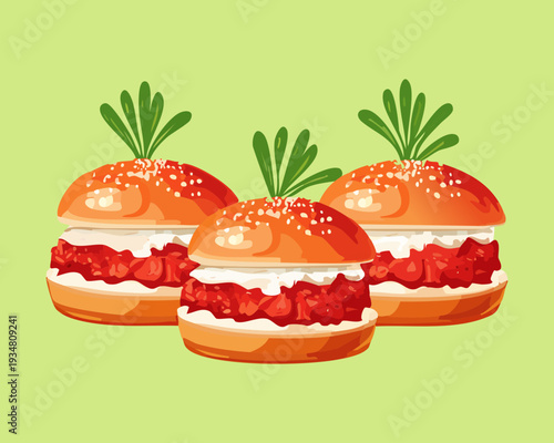 Four mini sliders with savory red filling and herb garnish arranged for a catering platter display - Vector Illustration