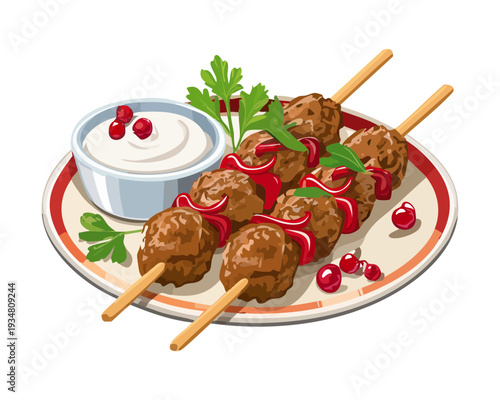 Platter of grilled meat skewers with fresh berries and white sauce for a unique gourmet appetizer - Vector Illustration
