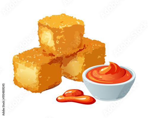 Crispy fried cheese cubes with red dipping sauce garnish served as a delicious savory party snack - Vector Illustration