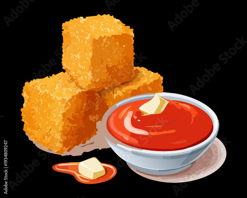 Fried breaded cheese squares with tomato sauce on a dark background for a hearty appetizer dish - Vector Illustration