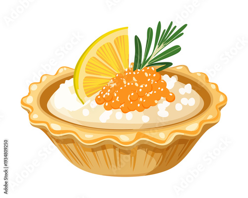 Elegant appetizer tartlet with creamy filling and orange roe garnish on a white background for catering - Vector Illustration