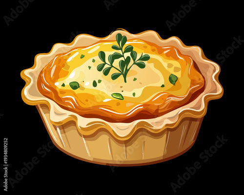 Mini savory quiche tart with herb garnish served on a dark surface for elegant appetizer menu - Vector Illustration