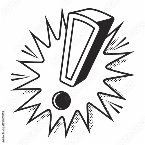 Bold exclamation mark with comic burst lines and halftone dots conveying urgency and excitement