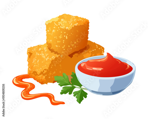 Plate of golden fried cheese bites with spicy dipping sauce for a classic pub food appetizer - Vector Illustration