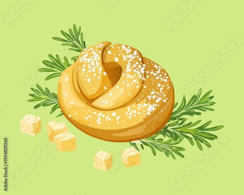Traditional twisted pastry knot with sugar dusting and herb garnish served as a sweet savory snack - Vector Illustration