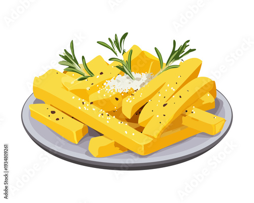 Golden french fries seasoned with herbs and salt served on a blue plate for side dish - Vector Illustration