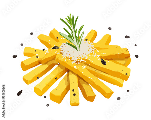 Heap of crispy french fries with fresh rosemary garnish served on a white background for menu - Vector Illustration