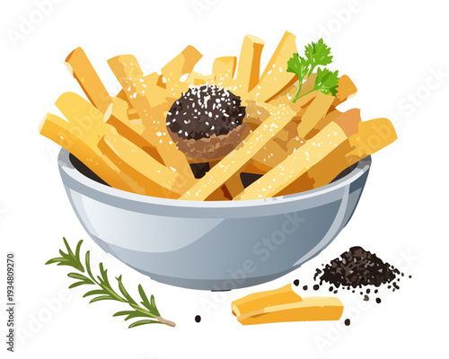 Bowl of crispy french fries topped with black truffle or seasoning for premium snack menu theme - Vector Illustration