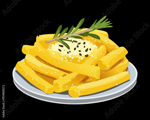 Seasoned french fries with herbs served on a dark elegant plate for a gourmet side dish - Vector Illustration