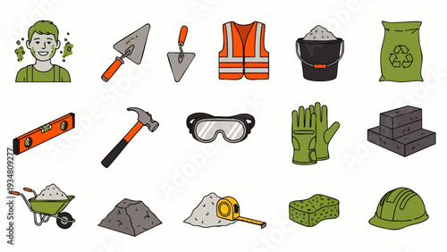 Collection of Construction and Masonry Tools and Materials Icons: Worker, Trowels, Cement, Bricks, Safety Gear, Wheelbarrow, Hammer, Level, Hard Hat