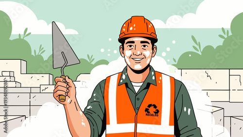 Smiling male construction worker in orange hard hat and high-visibility vest with recycling symbol, holding a trowel, embodying skilled labor and sustainable building.