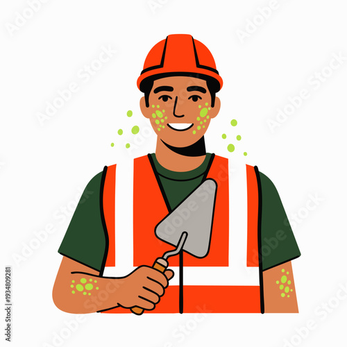 Smiling male construction worker in hard hat and safety vest, holding a trowel, with green splatters on his face and arms, representing a busy workday.