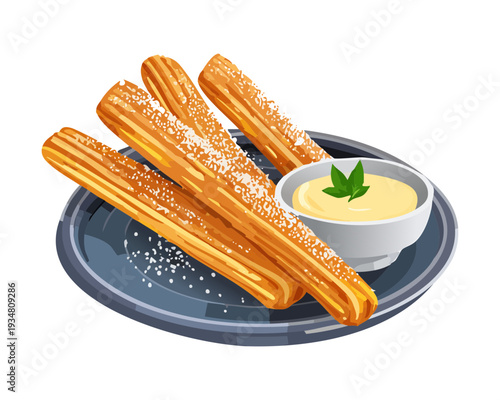 Traditional spanish churros with creamy dipping sauce served on a dark decorative plate for sweet snack - Vector Illustration