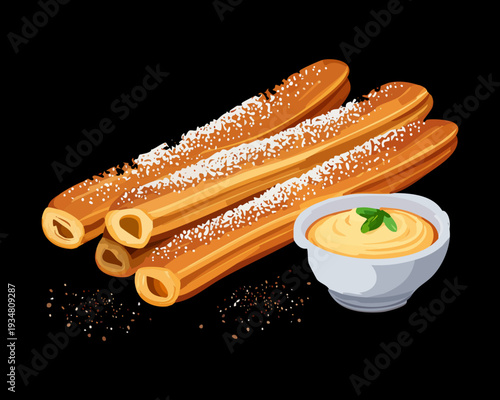 Crispy churros with chocolate or caramel dipping sauce on a dark background for a decadent treat - Vector Illustration