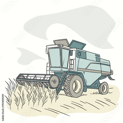Large modern combine harvester reaping grain in agricultural field during harvest season