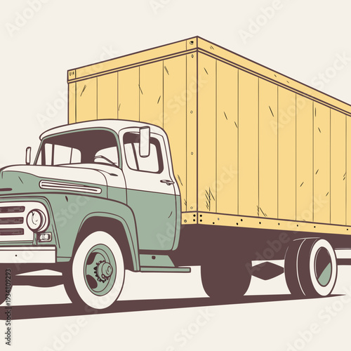 Vintage semi-truck with wooden cargo trailer for classic freight delivery and logistics themes