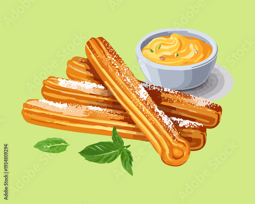 Pair of churro sticks with creamy sauce on a light green background for a simple snack - Vector Illustration
