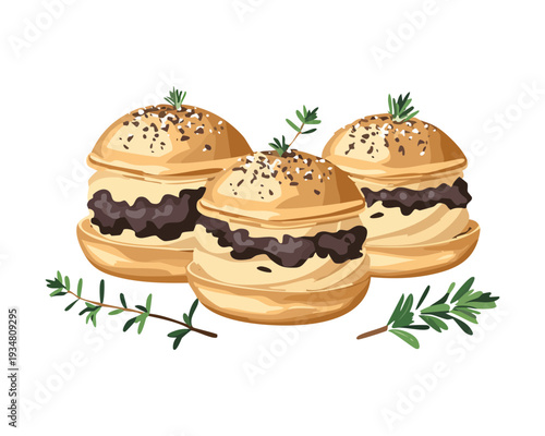 Trio of mini burgers with black charcoal buns and savory fillings for a modern appetizer plate - Vector Illustration