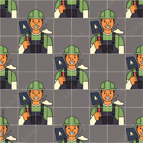 Seamless pattern of a smiling construction worker holding a trowel and mortar. Flat design vector illustration for tiling, masonry, and home renovation.