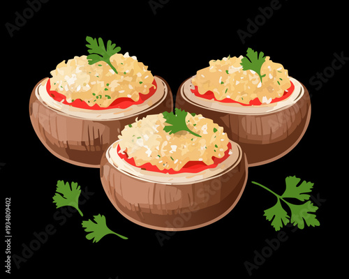 Group of stuffed mushroom caps filled with minced meat and herbs for a hearty catering party snack - Vector Illustration