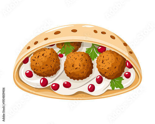 Pita bread pocket filled with crispy falafel balls yogurt sauce and fresh pomegranate seeds for mediterranean meal - Vector Illustration