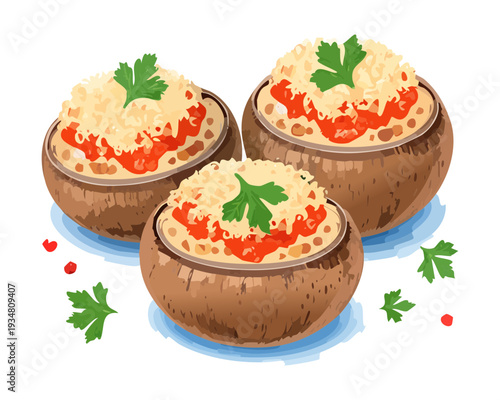 Large stuffed mushrooms with golden crust and tomato garnish presented on a dark moody textured surface - Vector Illustration