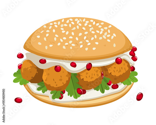 Falafel burger with sesame seed bun fresh vegetables and pomegranate seeds for a modern plant based meal - Vector Illustration