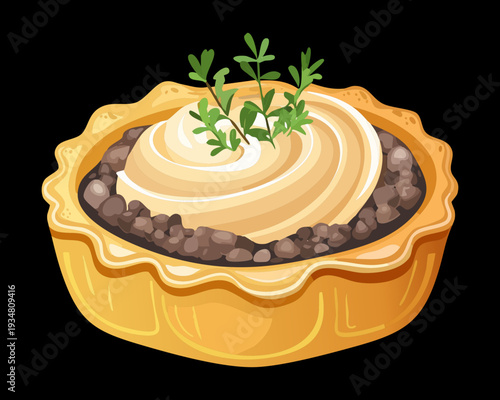 Savory meat pie with a creamy mashed potato topping and fresh herb garnish on dark surface - Vector Illustration
