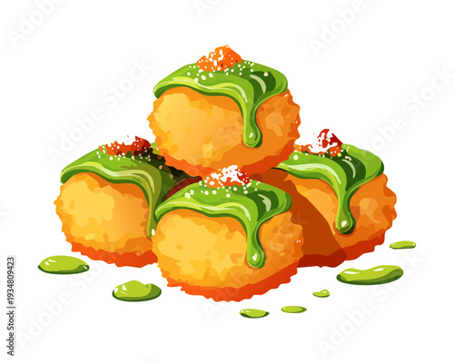 Deep fried golden falafel balls served with a vibrant green pesto sauce and fresh herb garnish - Vector Illustration