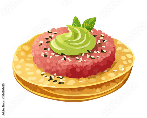 Beef tartare on a crispy cracker topped with avocado mousse and sesame seeds for gourmet appetizer - Vector Illustration