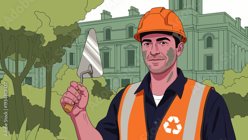 Construction worker with trowel and safety vest in front of a building, urban development and renovation concept