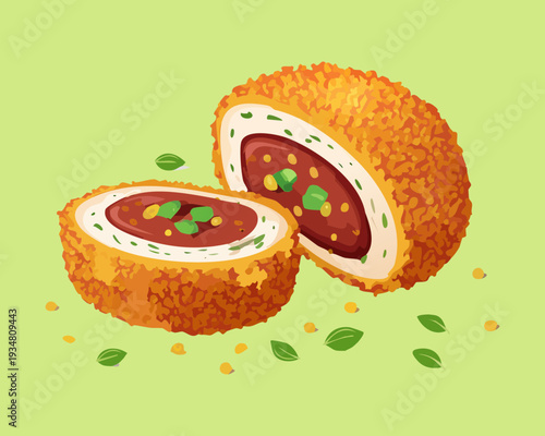 Deep fried meat balls filled with savory stuffing and garnished with fresh green herbs for catering snacks - Vector Illustration