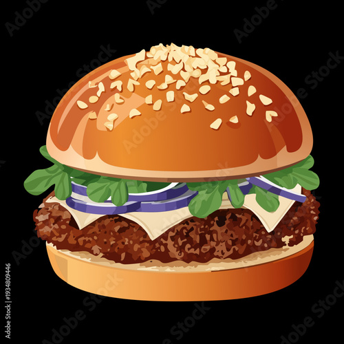 Gourmet beef burger with sesame seed bun fresh onions and greens presented on a dark moody surface - Vector Illustration