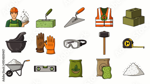 Construction worker and tools collection: safety gear, bricks, cement, trowel, hammer, wheelbarrow, level, measuring tape