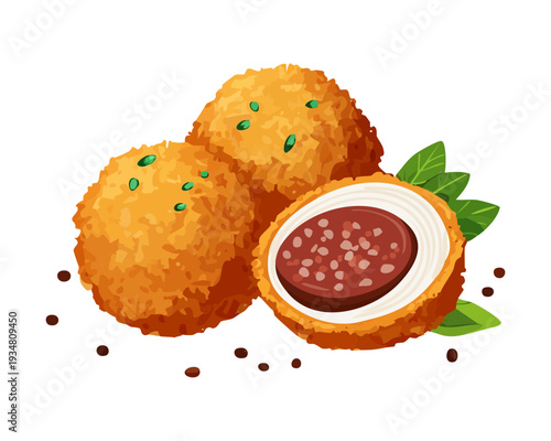 Golden brown Scotch eggs with savory meat coating and soft yolk center served for a traditional snack - Vector Illustration