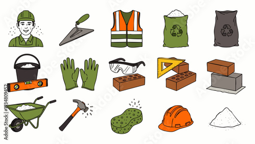Construction worker tools and safety equipment set, including helmet, bricks, wheelbarrow, trowel, and safety vest