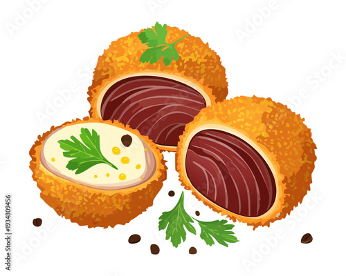 Crispy breaded meat cutlet cut in half showing juicy pink center and herb garnish on green surface - Vector Illustration
