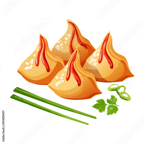 Plate of golden fried wontons or dumplings with savory filling and fresh green herb garnish for appetizer - Vector Illustration